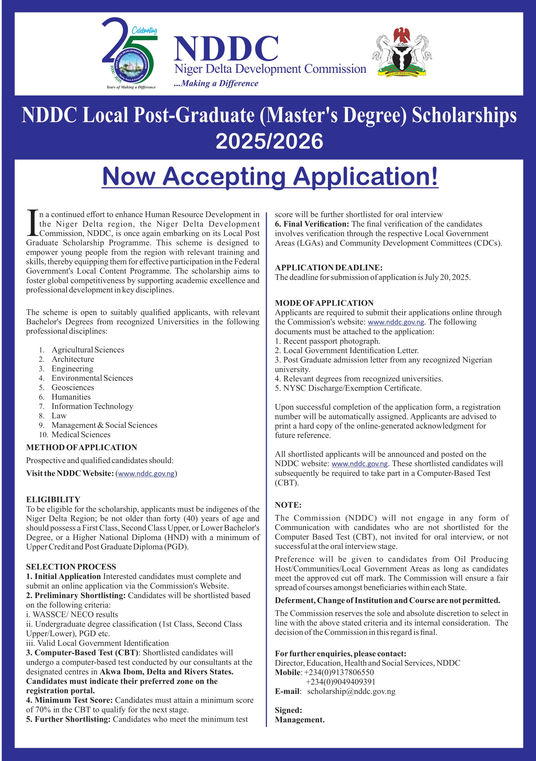 NDDC Local Postgraduate (Master's Degree) Scholarships 2025/2026
