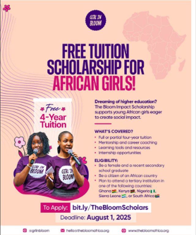 Bloom Scholars $500 Scholarship Award Program for Young African Women 2025 (4-Year Undergraduate Tuition Support)